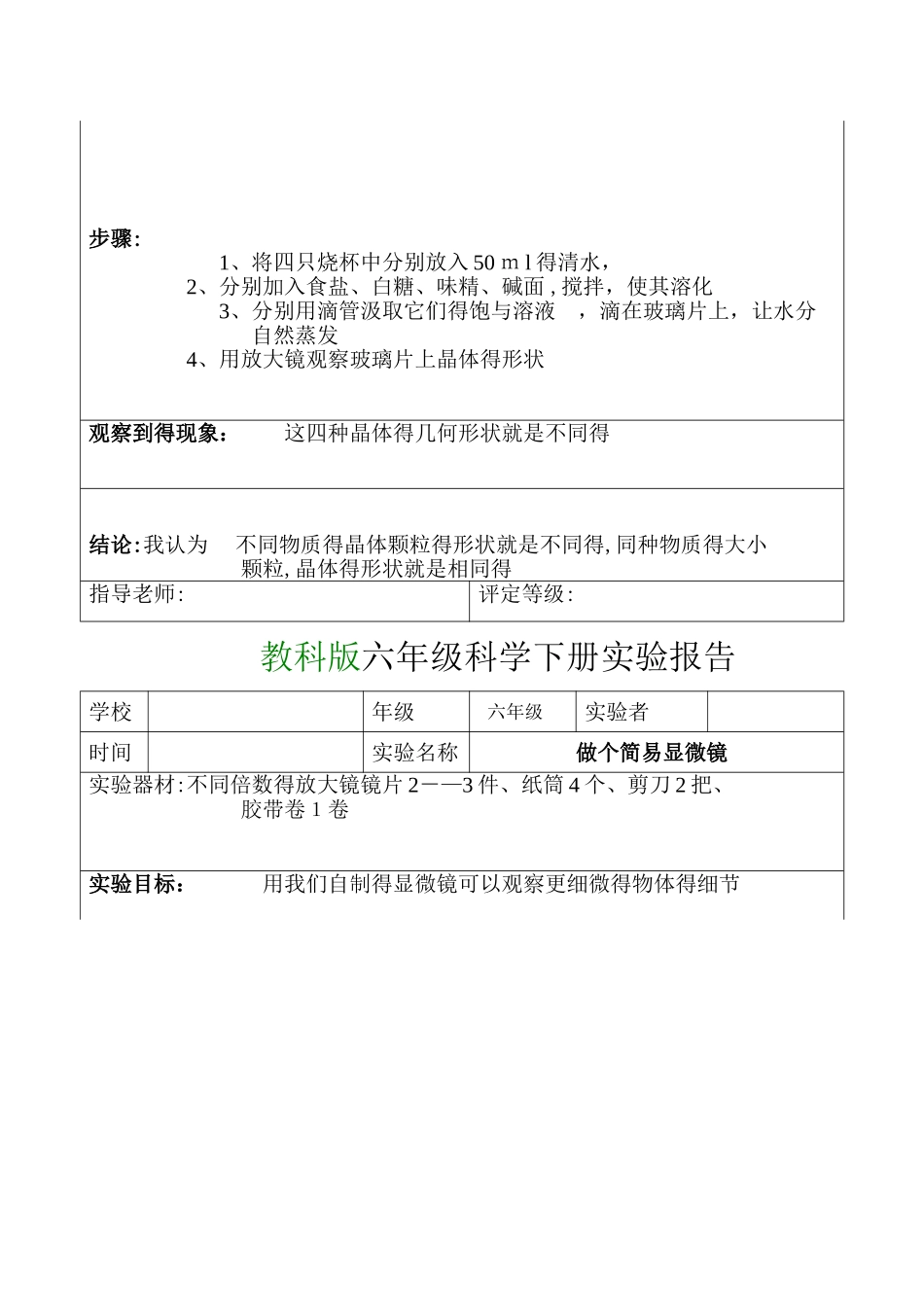 教科版六年级科学下册实验报告单_第3页