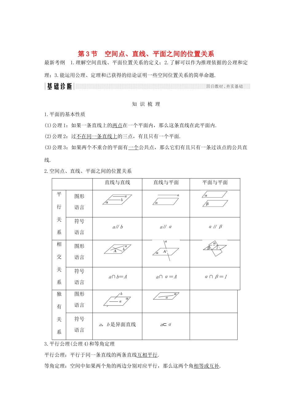 （全国通用版）高考数学大一轮复习 第八章 立体几何初步 第3节 空间点、直线、平面之间的位置关系学案 文 新人教A版-新人教A版高三全册数学学案_第1页