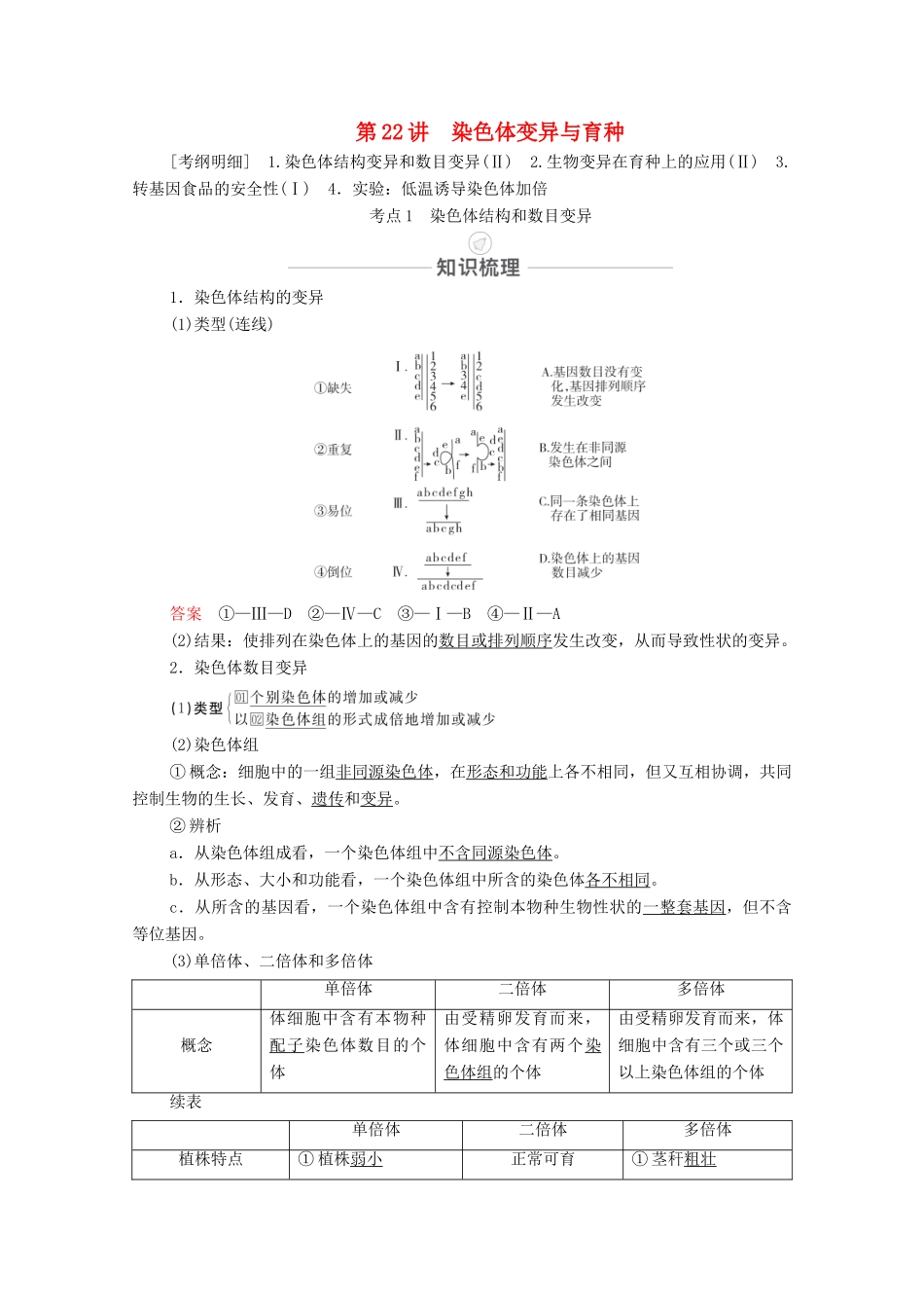 高考生物一轮复习 第7单元 生物的变异、育种和进化 第22讲 染色体变异与育种教学案 新人教版必修2-新人教版高三必修2生物教学案_第1页