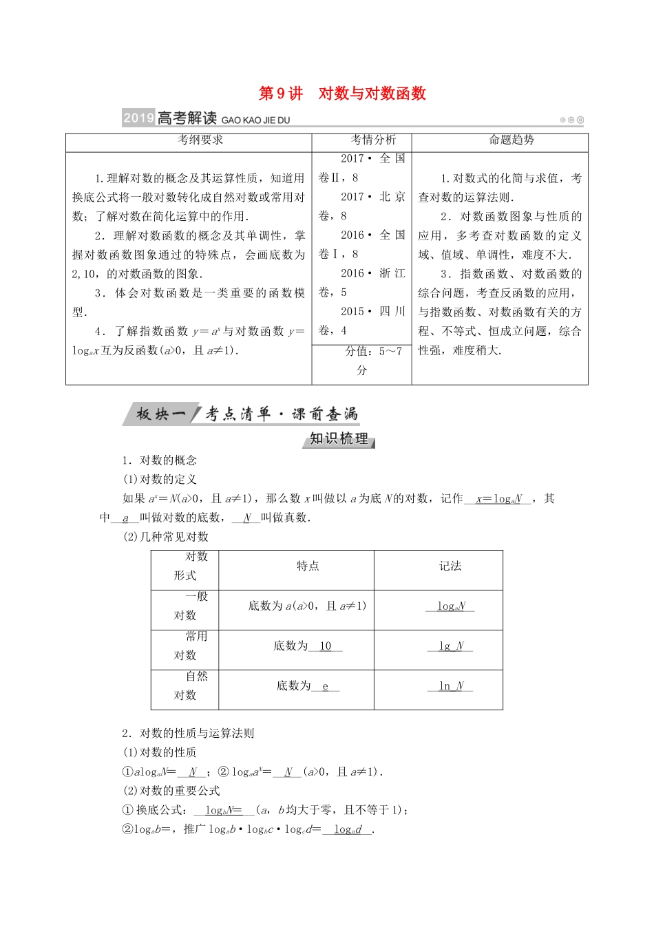 （全国通用版）高考数学大一轮复习 第二章 函数、导数及其应用 第9讲 对数与对数函数优选学案-人教版高三全册数学学案_第1页