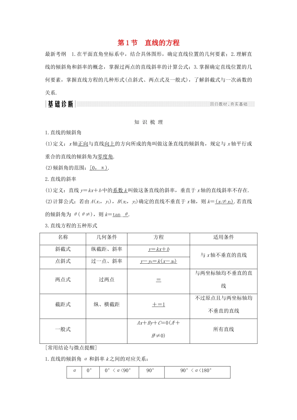 （全国通用版）高考数学大一轮复习 第九章 平面解析几何 第1节 直线的方程学案 理 新人教B版-新人教B版高三全册数学学案_第1页
