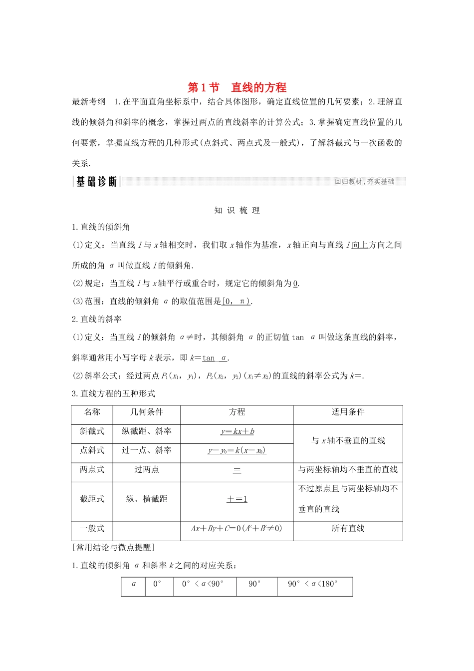 （全国通用版）高考数学大一轮复习 第九章 平面解析几何 第1节 直线的方程学案 文 新人教A版-新人教A版高三全册数学学案_第1页