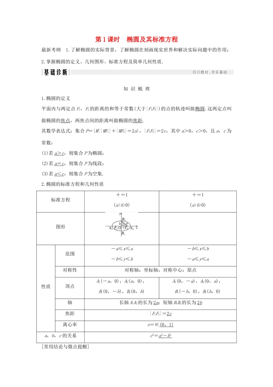 （全国通用版）高考数学大一轮复习 第九章 平面解析几何 第5节 第1课时 椭圆及其标准方程学案 理 新人教B版-新人教B版高三全册数学学案_第1页