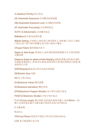 数码相机常用英文缩写对照表