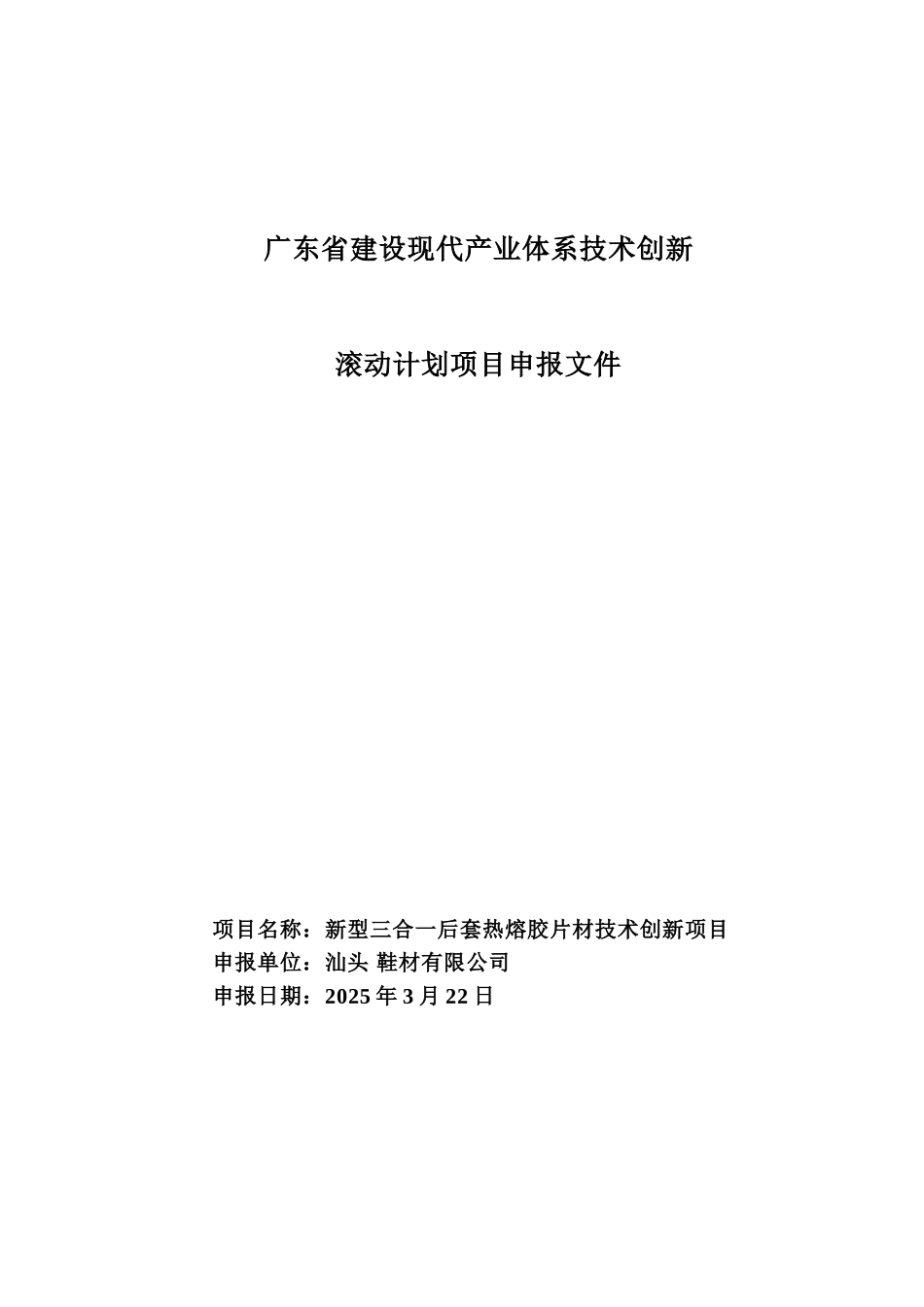 新型三合一后套热熔胶片材技术创新项目申请报告.doc_第1页