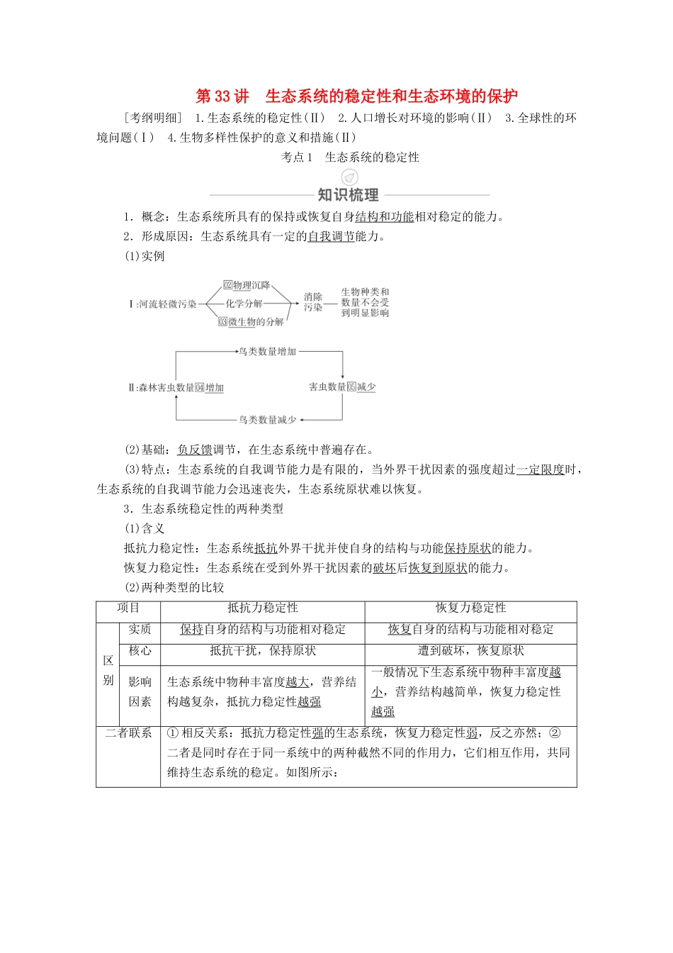 高考生物一轮复习 第9单元 生物与环境 第33讲 生态系统的稳定性和生态环境的保护教学案 新人教版必修3-新人教版高三必修3生物教学案_第1页