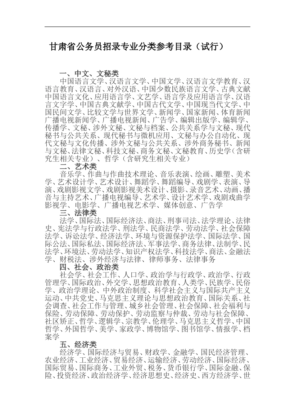 甘肃省公务员招录专业分类参考目录（试行）_第1页