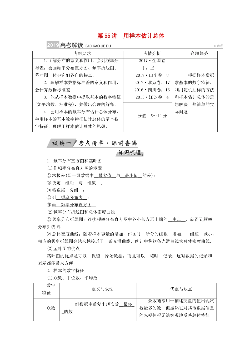 （全国通用版）高考数学大一轮复习 第十章 算法初步、统计、统计案例 第55讲 用样本估计总体优选学案-人教版高三全册数学学案_第1页