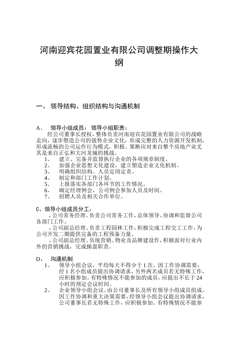 河南迎宾花园置业有限公司调整期操作大纲_第1页