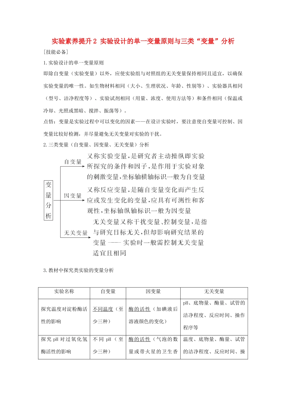 高考生物一轮复习 实验素养提升2 实验设计的单一变量原则与三类“变量”分析学案-人教版高三全册生物学案_第1页