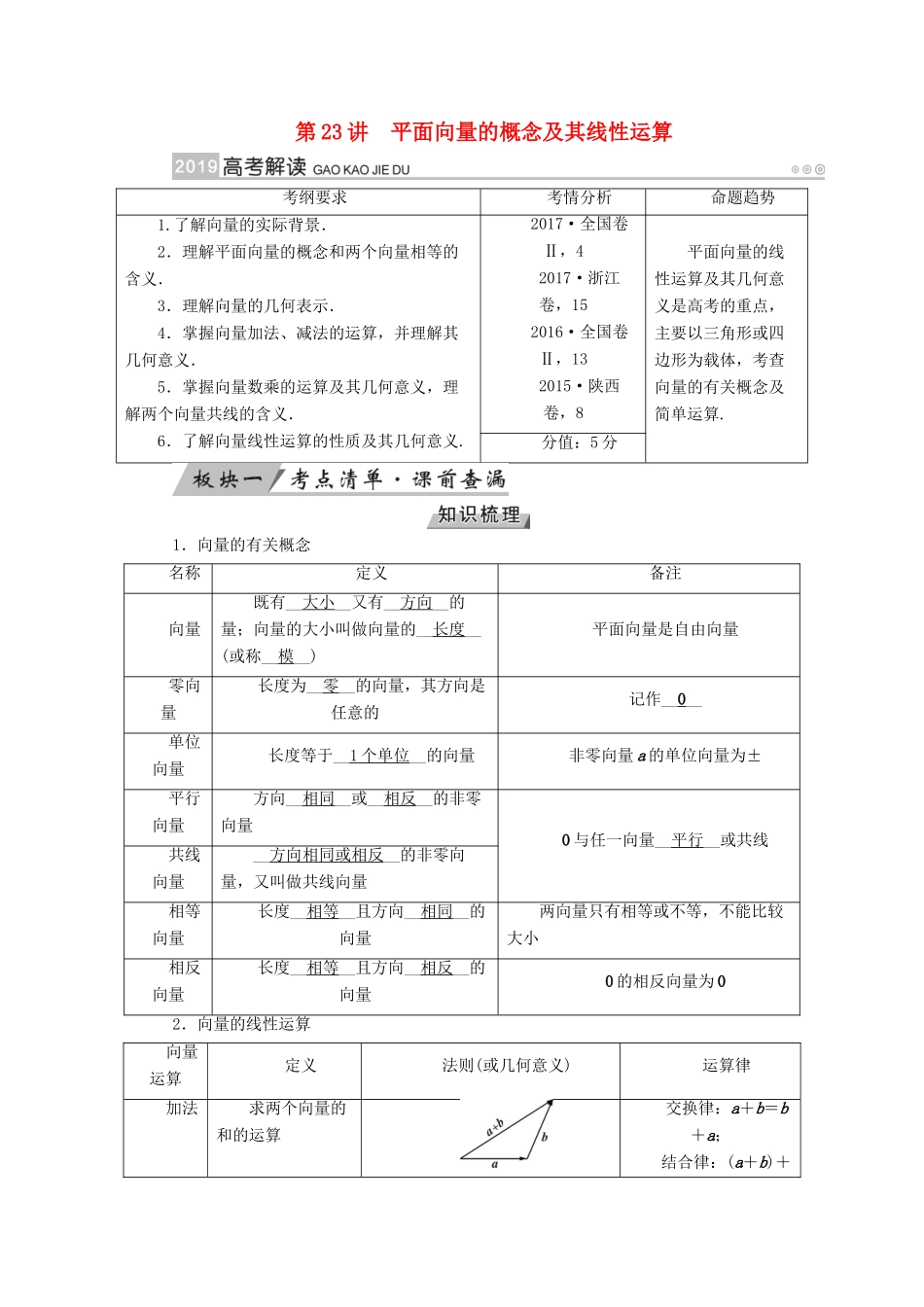 （全国通用版）高考数学大一轮复习 第四章 平面向量、数系的扩充与复数的引入 第23讲 平面向量的概念及其线性运算优选学案-人教版高三全册数学学案_第1页