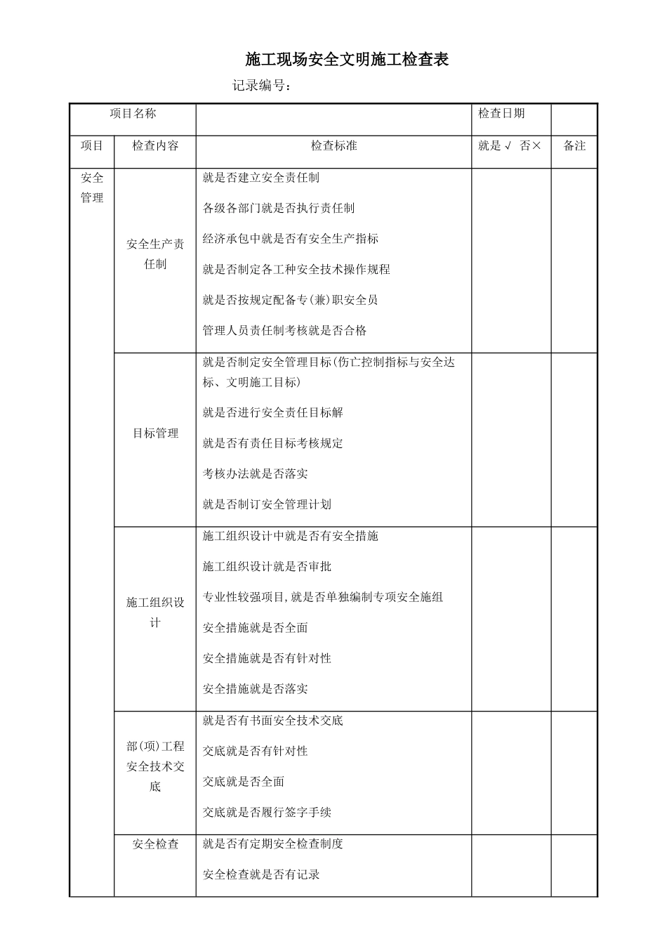 施工现场安全文明施工检查表_第1页