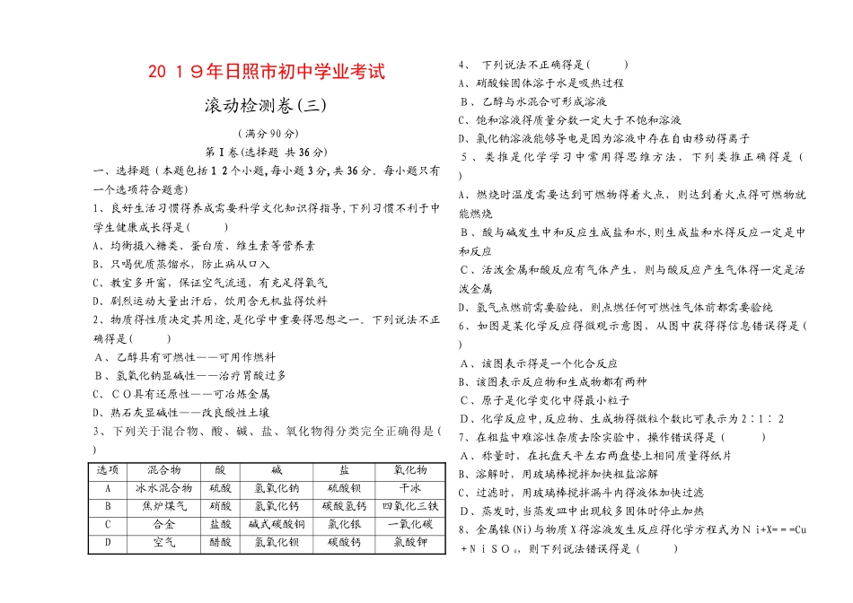 日照市初中化学学业考试 滚动检测卷_第1页