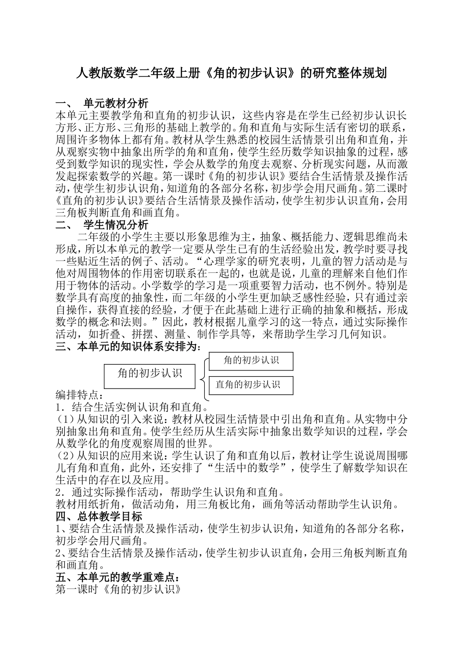 人教版数学二年级上册《角的初步认识》的研究整体规划_第1页