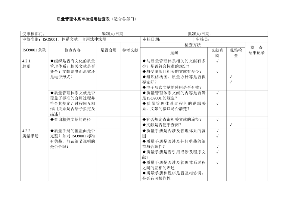 最新iso9001质量管理体系审核通用检查表推荐参考_第1页