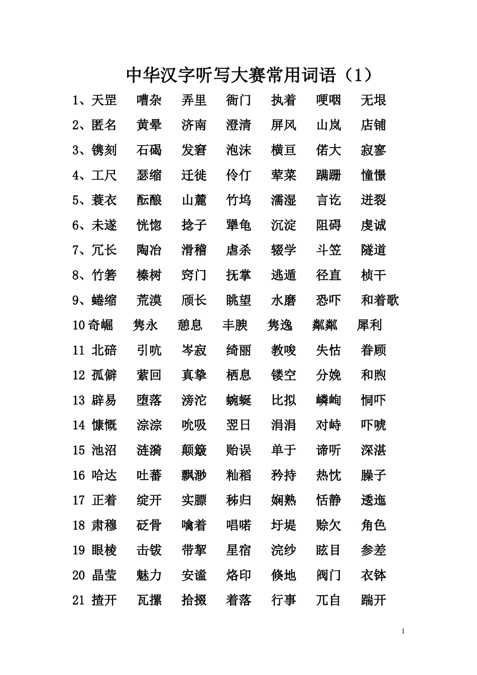 中华汉字听写大赛常用词语_第1页