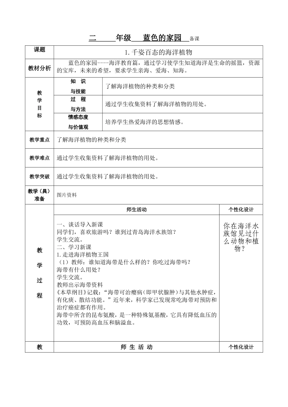 二     年级   蓝色的家园  备课_第1页