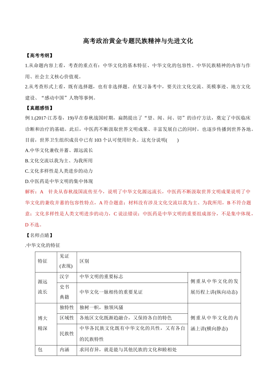 高考政治黄金专题民族精神与先进文化_第1页
