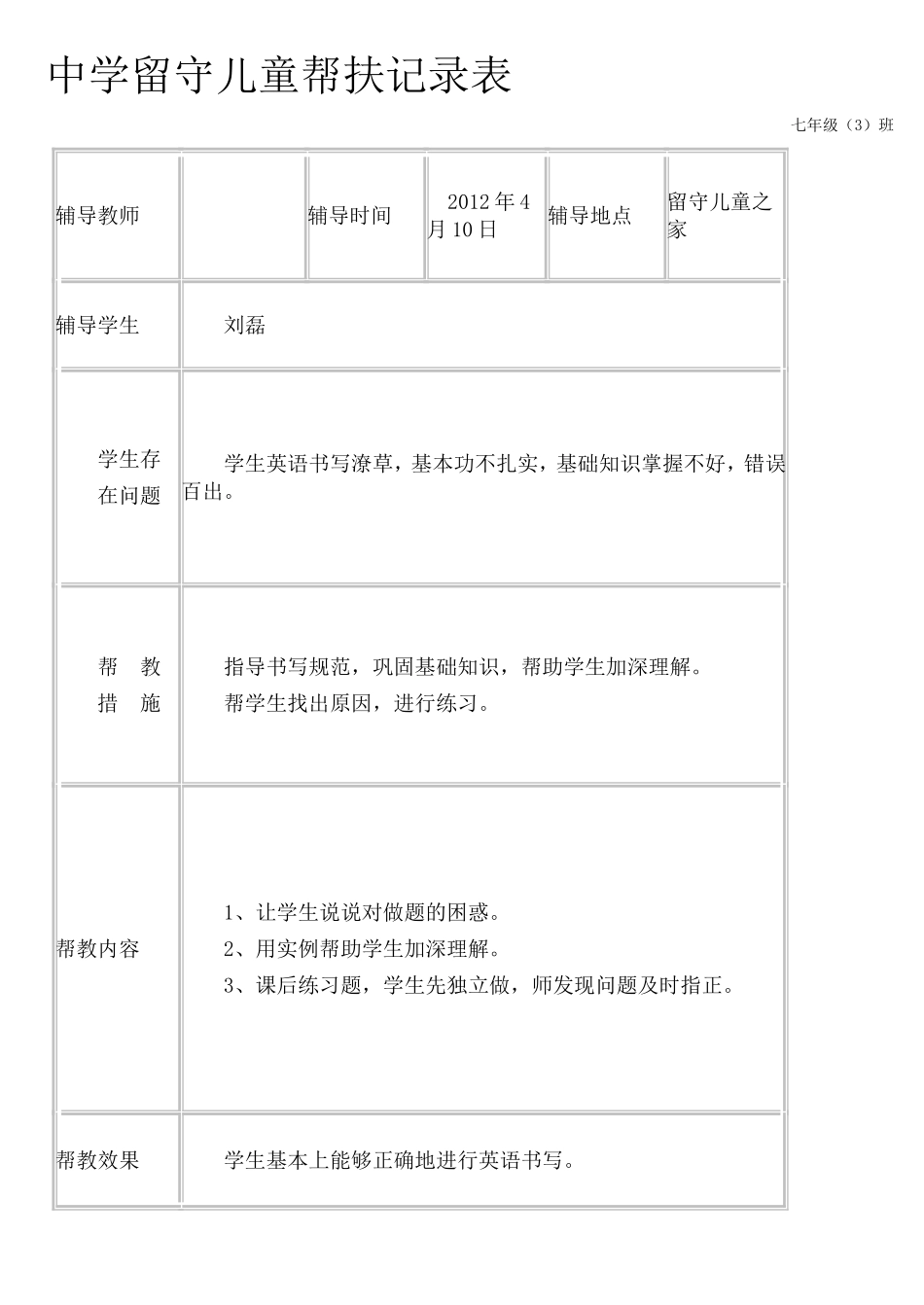 中学留守儿童帮扶记录表_第1页