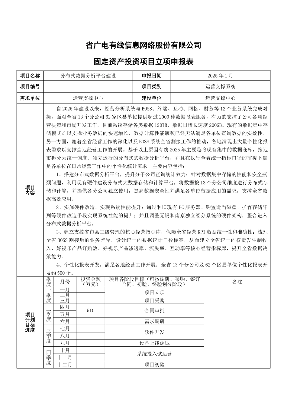 本科毕业设计论文--有线信息网络股份有限公司分布式数据分析平台建设项目固定资产投资项目立项申报表_第1页