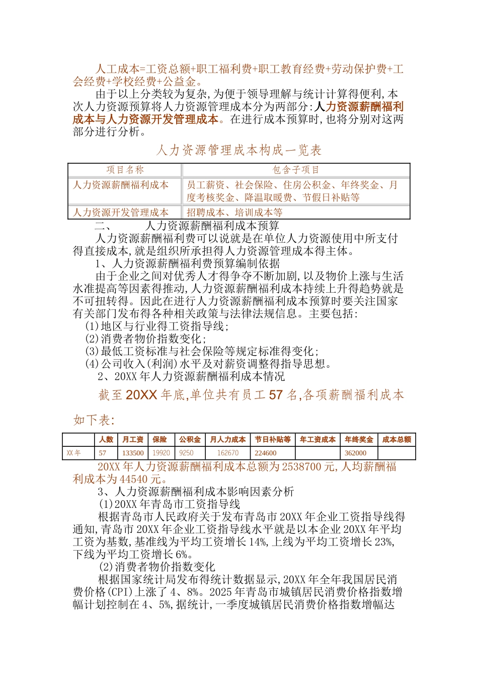 某公司XX年度人力资源薪酬福利成本预算方案_第2页