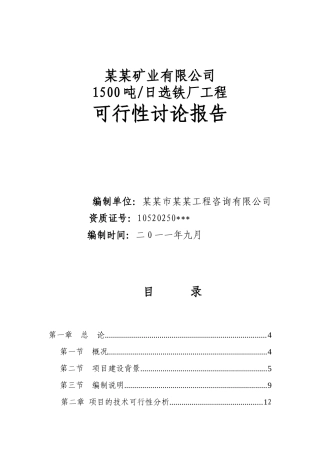 某某矿业有限公司1500吨日选铁厂工程可行性研究报告