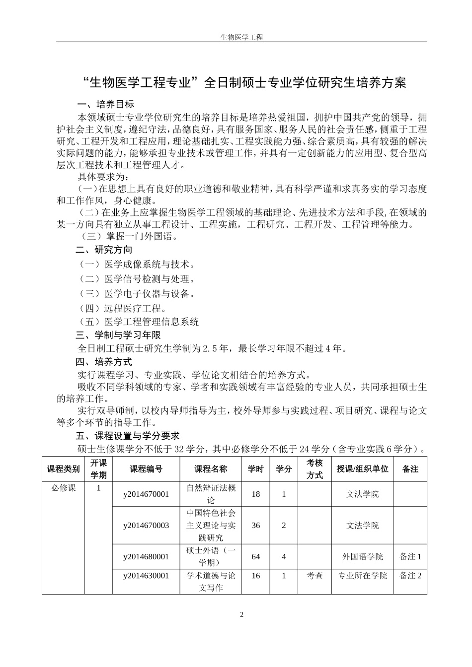 “生物医学工程专业”全日制硕士专业学位研究生培养方案_第2页