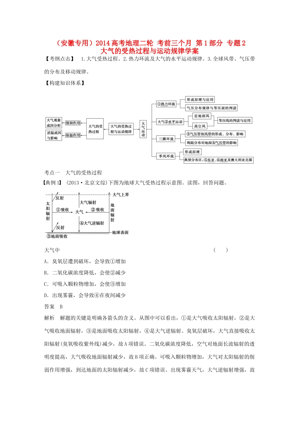 （安徽专用）2014高考地理二轮 考前三个月 第1部分 专题2 大气的受热过程与运动规律学案_第1页
