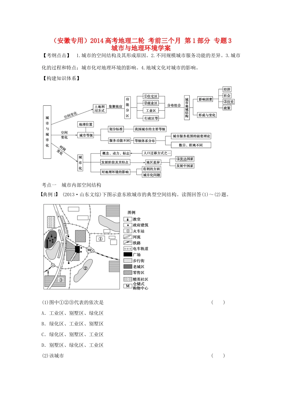 （安徽专用）2014高考地理二轮 考前三个月 第1部分 专题3 城市与地理环境学案_第1页