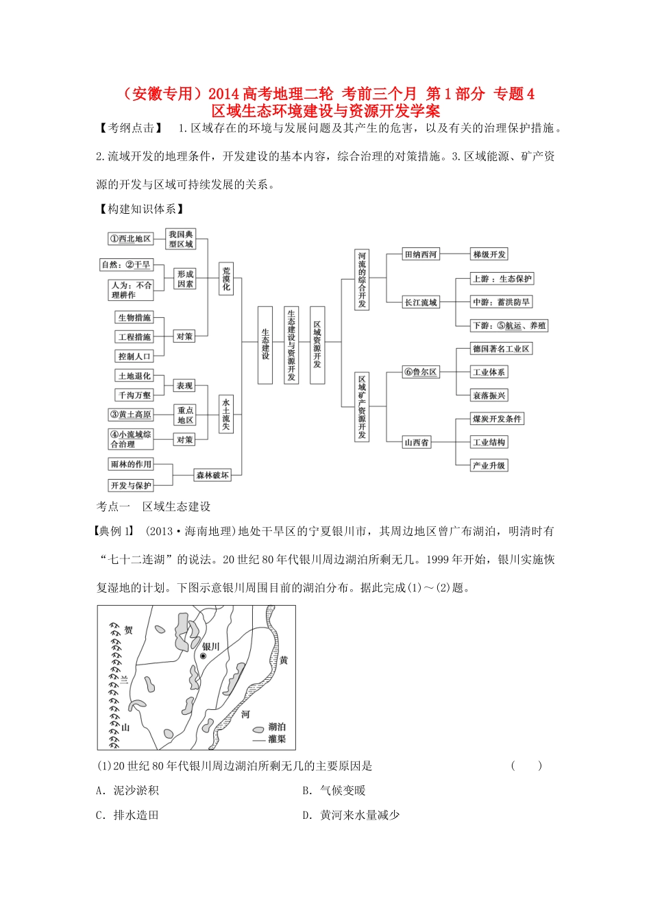 （安徽专用）2014高考地理二轮 考前三个月 第1部分 专题4 区域生态环境建设与资源开发学案_第1页