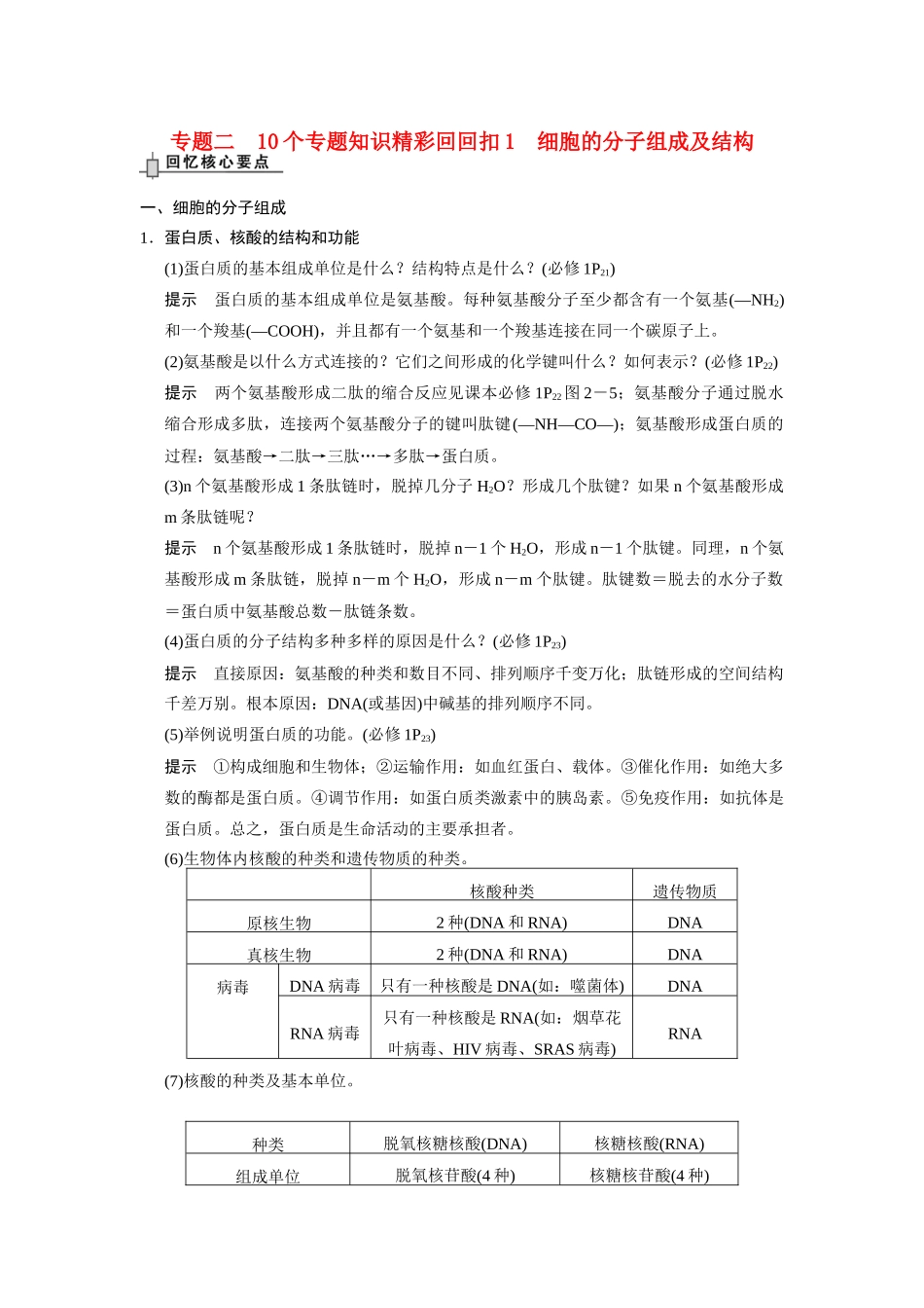 （安徽专用）2014高考生物二轮复习 回扣1 细胞的分子组成及结构教案_第1页