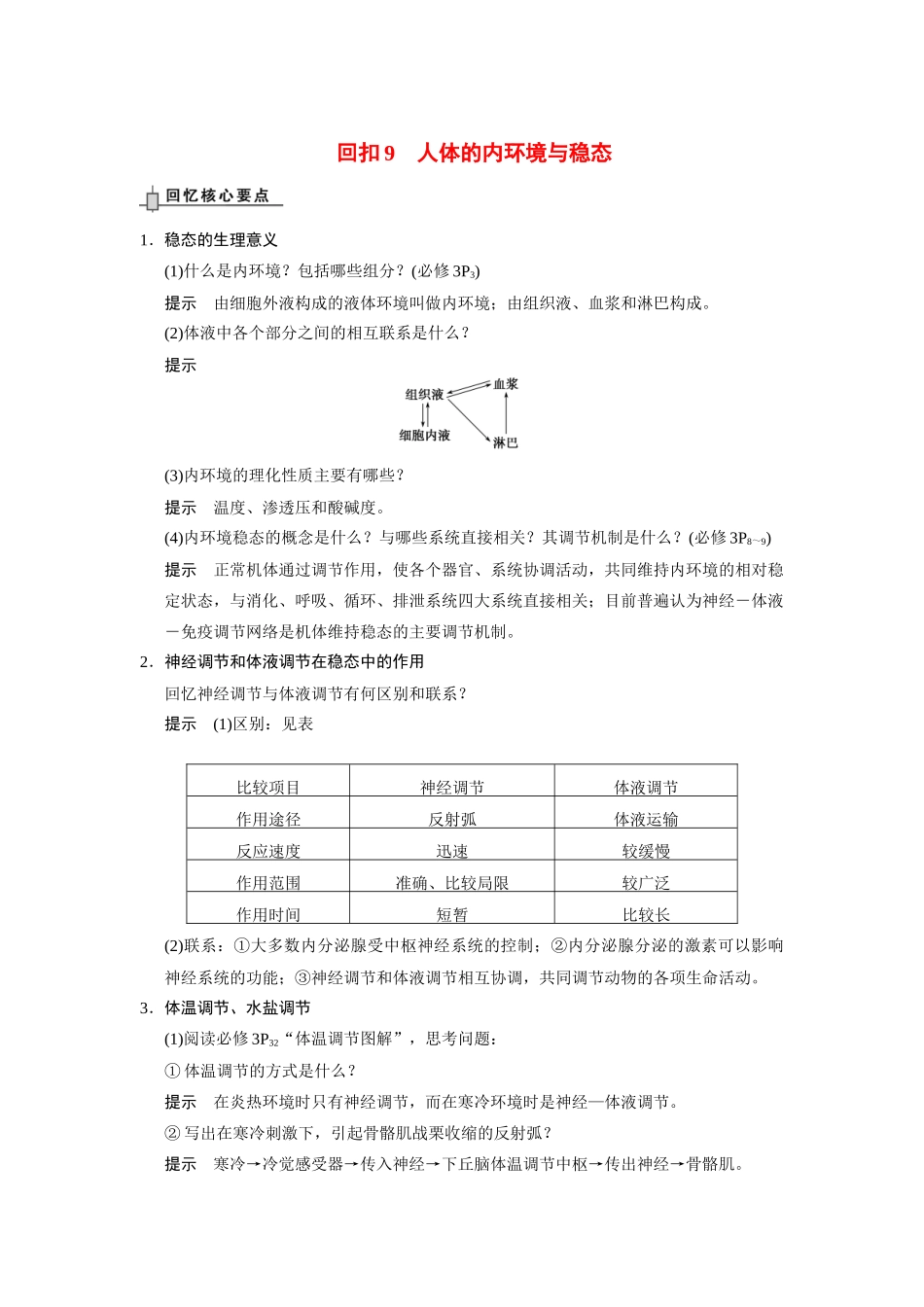 （安徽专用）2014高考生物二轮复习 回扣9 人体的内环境与稳态教案_第1页