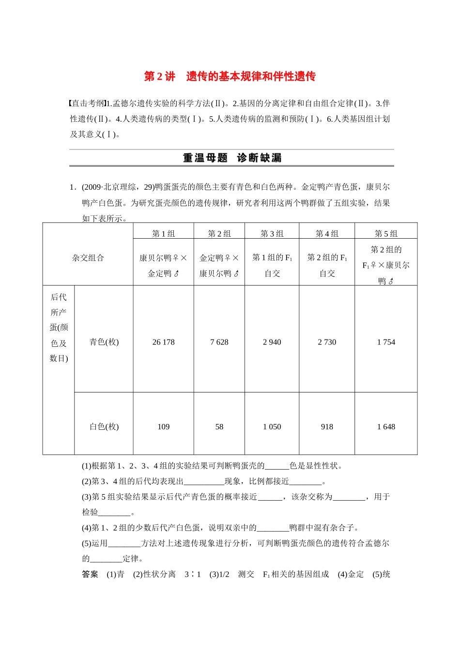 （安徽专用）2014高考生物二轮复习 考前三个月 第一部分 第一部分 专题四 第2讲 遗传的基本规律和伴性遗传教案_第1页