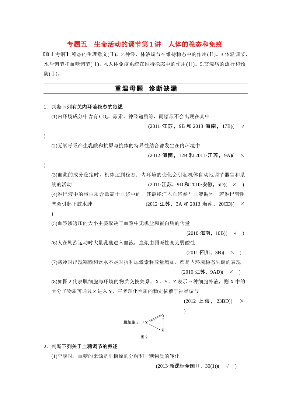 （安徽专用）2014高考生物二轮复习 考前三个月 第一部分 第一部分 专题五 第1讲 人体的稳态和免疫教案_第1页