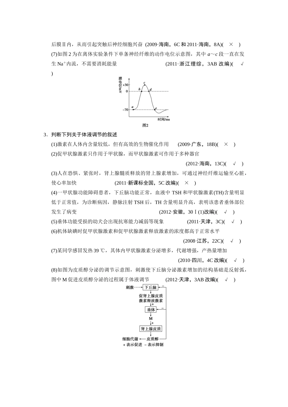 （安徽专用）2014高考生物二轮复习 考前三个月 第一部分 第一部分 专题五 第2讲 人和动物生命活动的调节教案_第2页
