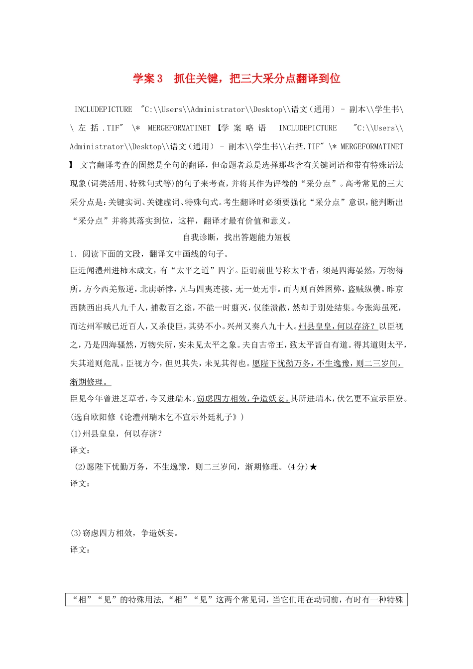 （全国通用）高考语文大二轮总复习 问题诊断，借题突破 第二章 3抓住关键，把三大采分点翻译到位学案-人教版高三全册语文学案_第1页