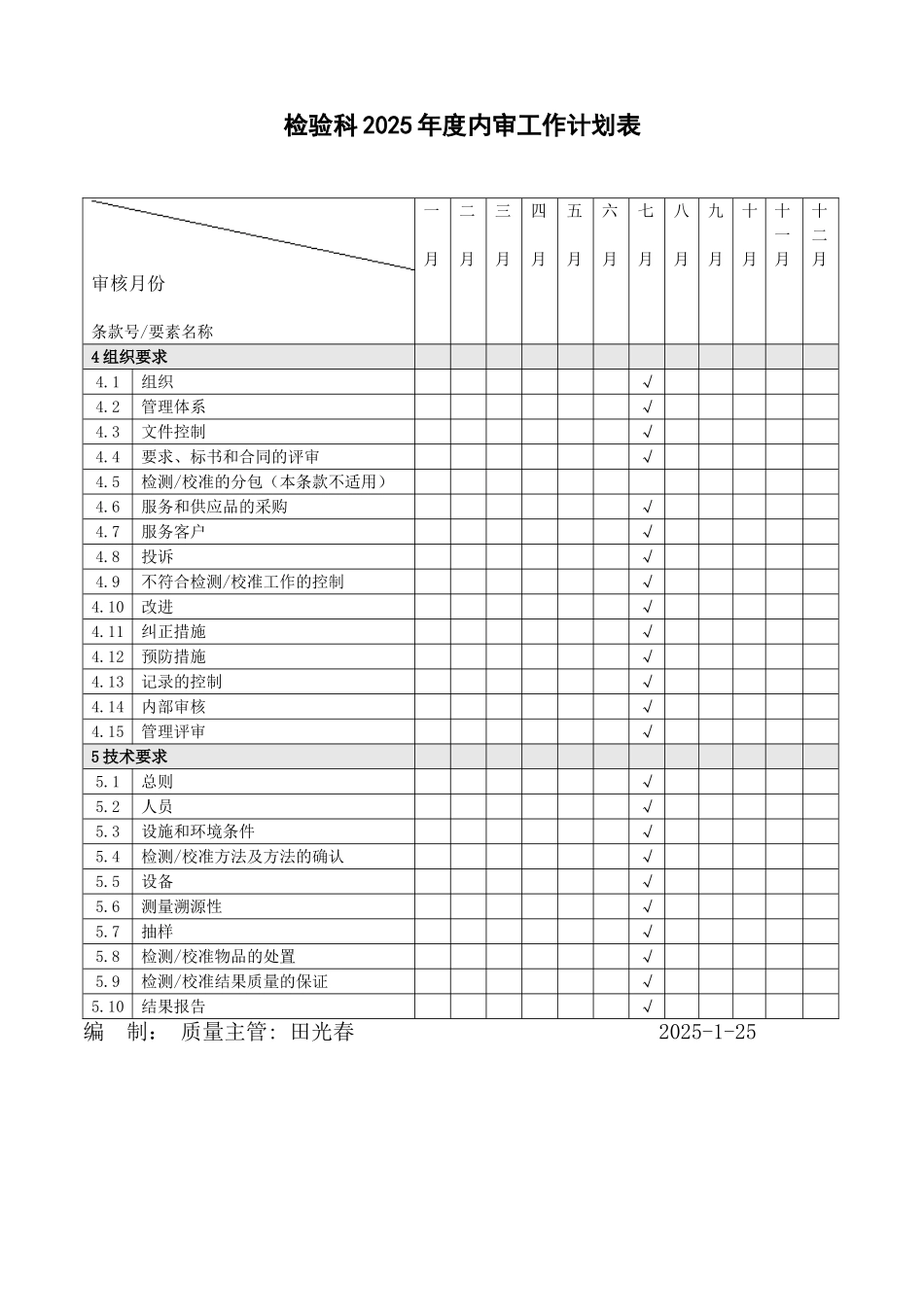 检验科2025年度内审工作计划表大学论文_第1页