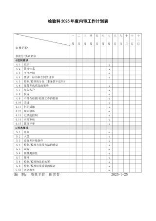 检验科2025年度内审工作计划表大学论文