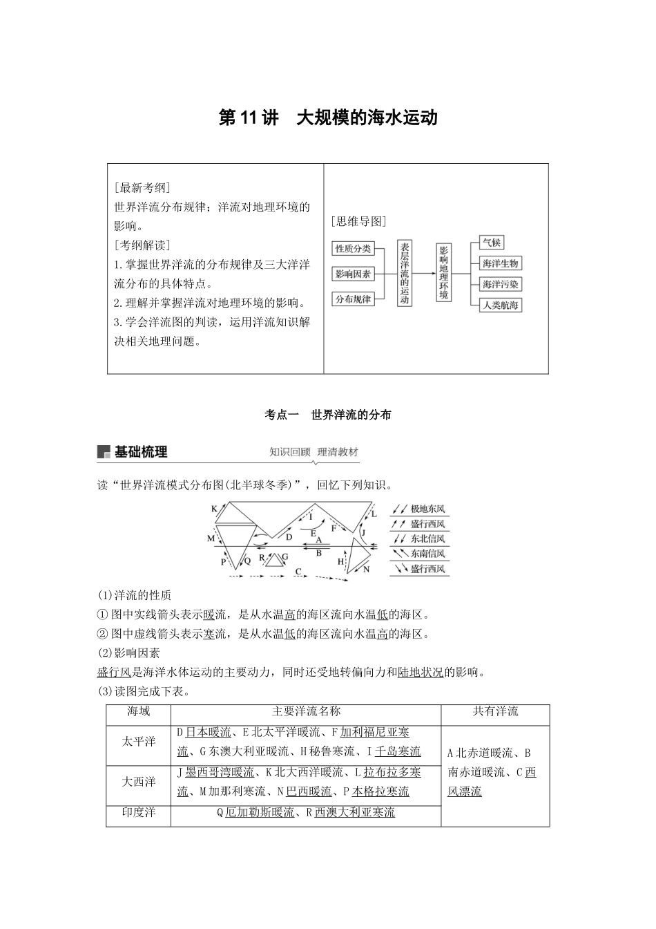 （全国通用）高考地理大一轮复习 第四章 地球上的水 第11讲 大规模的海水运动学案 新人教版必修1-新人教版高三必修1地理学案_第1页