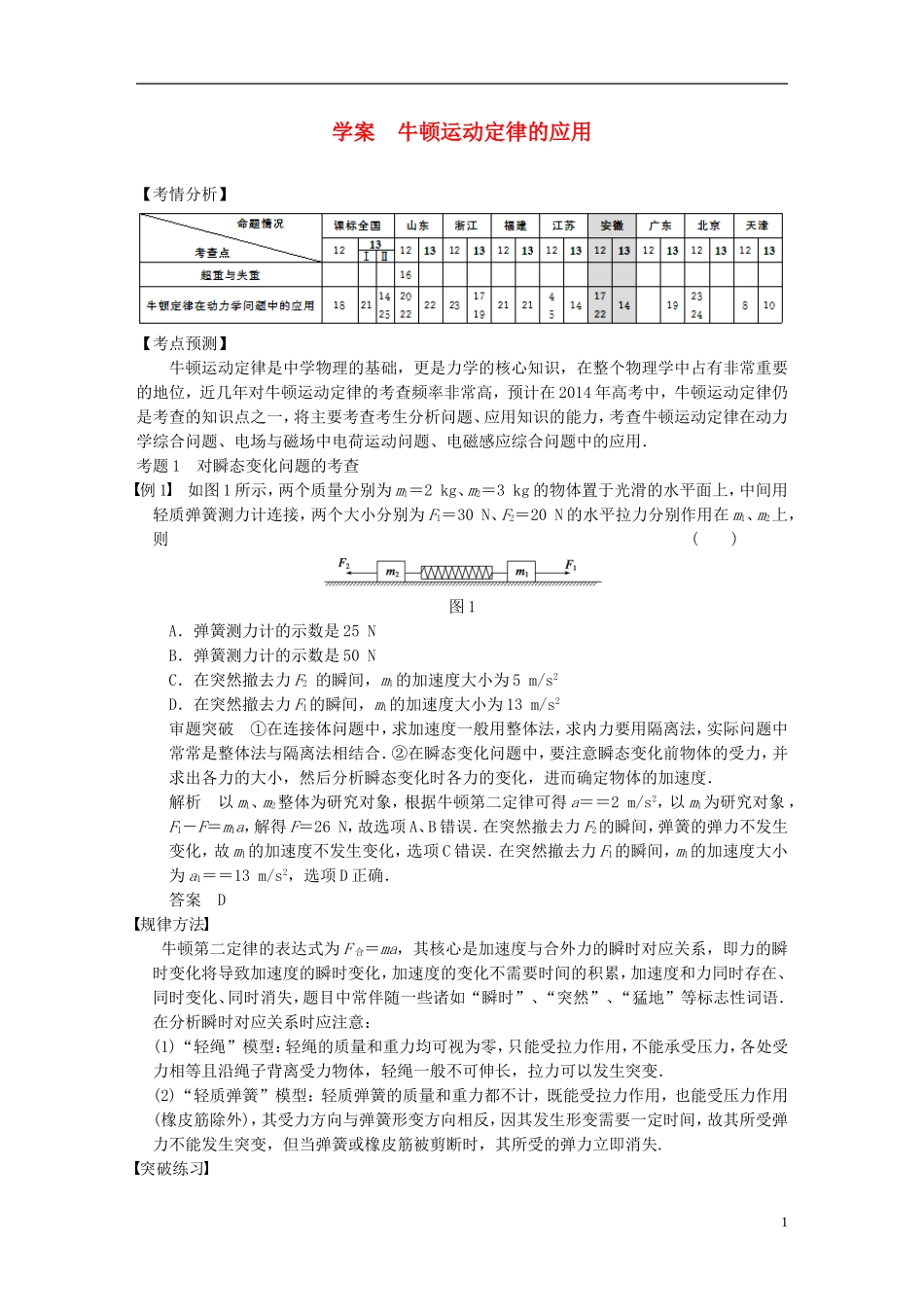 （安徽专用）2014年高考物理二轮 考前三个月 第一部分 专题二 牛顿运动定律的应用学案_第1页