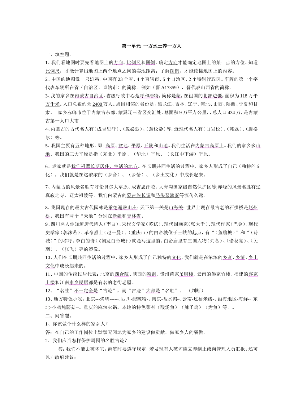 第一单元  一方水土养一方人测试题_第1页