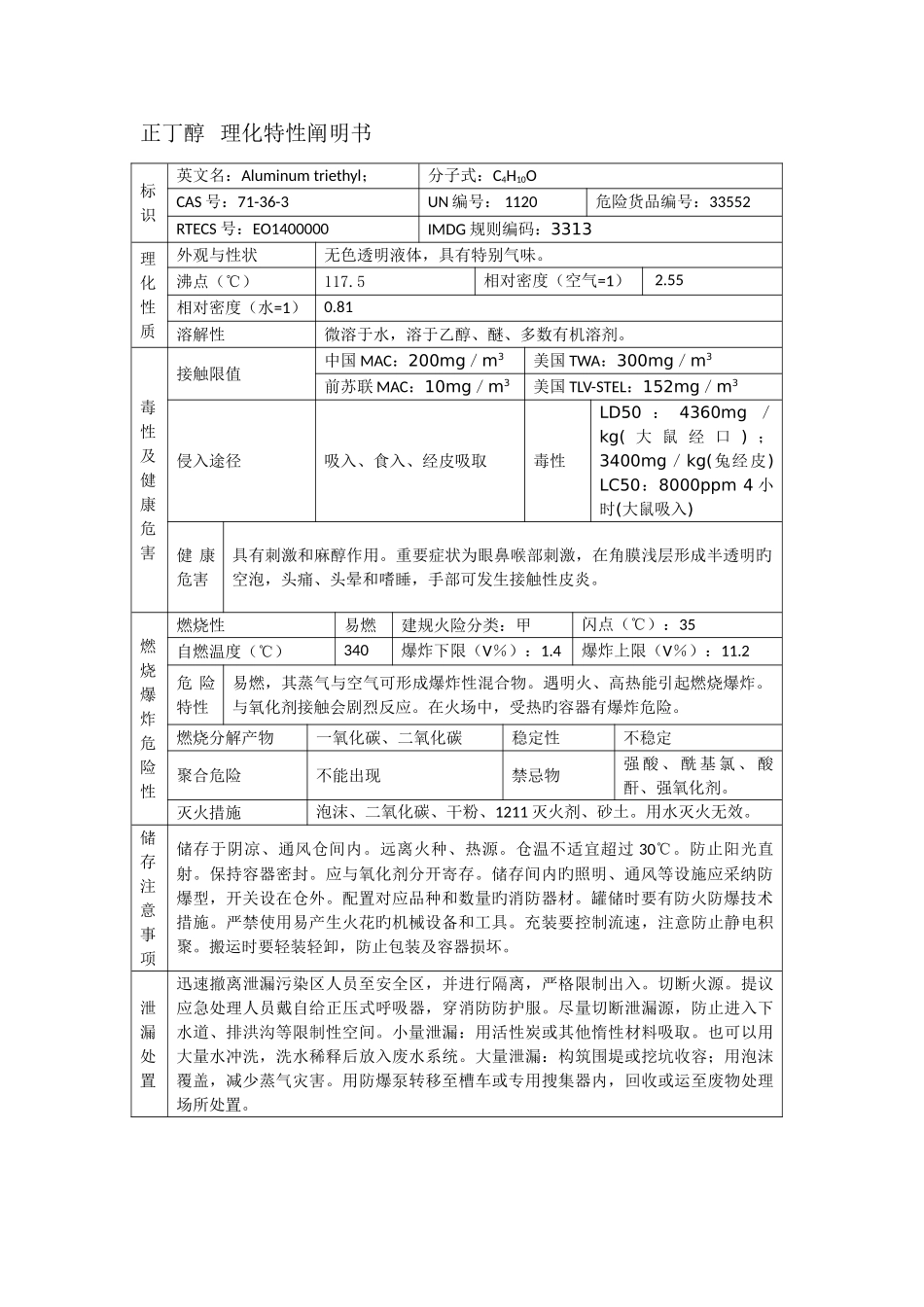 正丁醇理化特性说明书_第1页