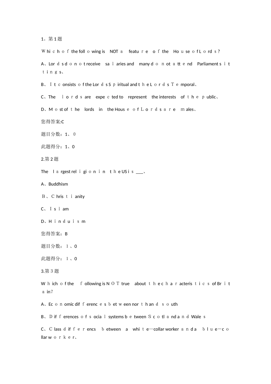 正确答案2025年秋季《英语国家概况》在线作业_第1页