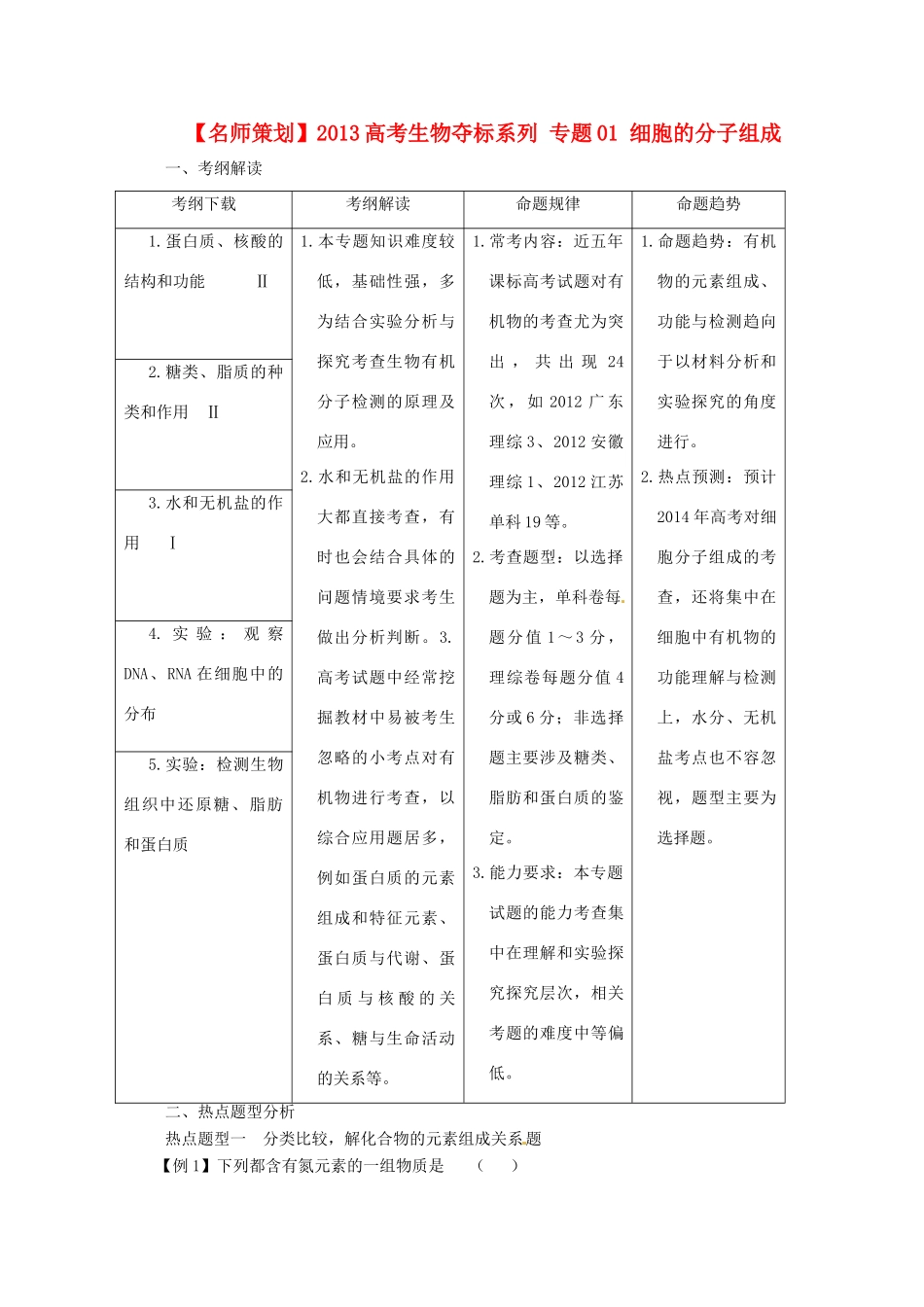 （名师策划）2013届高三生物 夺标系列（考纲解读+题型攻略+解题技巧）专题01 细胞的分子组成（含解析）_第1页