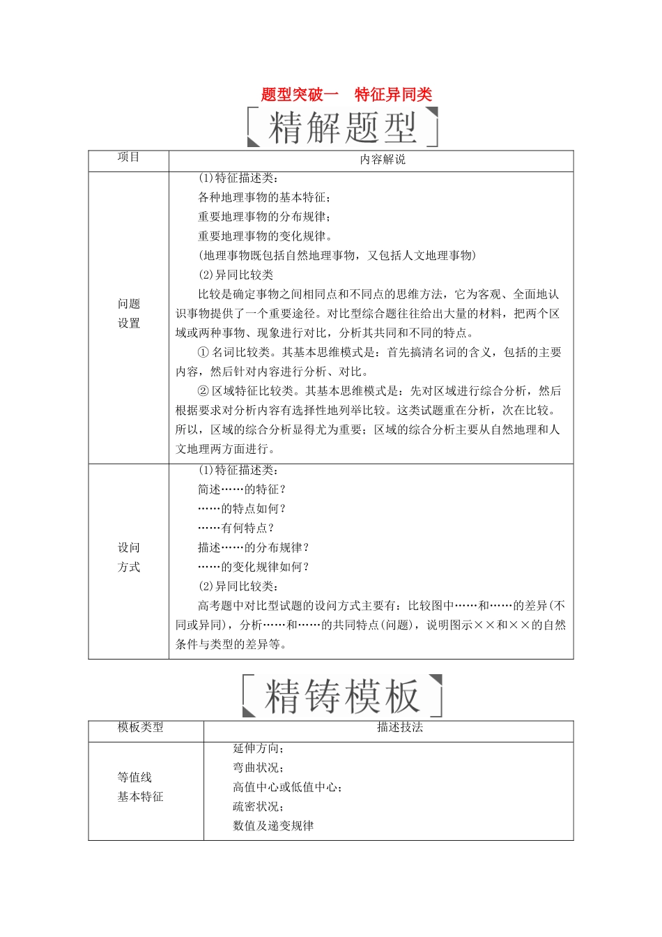 （全国通用）高考地理二轮复习 第三篇 备考与冲刺 专题二 综合题题型突破 题型突破一 特征异同类教学案-人教版高三全册地理教学案_第1页