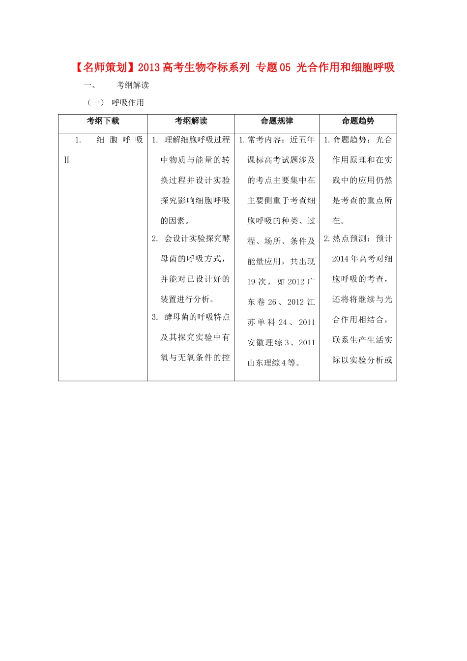 （名师策划）2013届高三生物 夺标系列（考纲解读+题型攻略+解题技巧）专题05 光合作用和细胞呼吸（含解析）_第1页