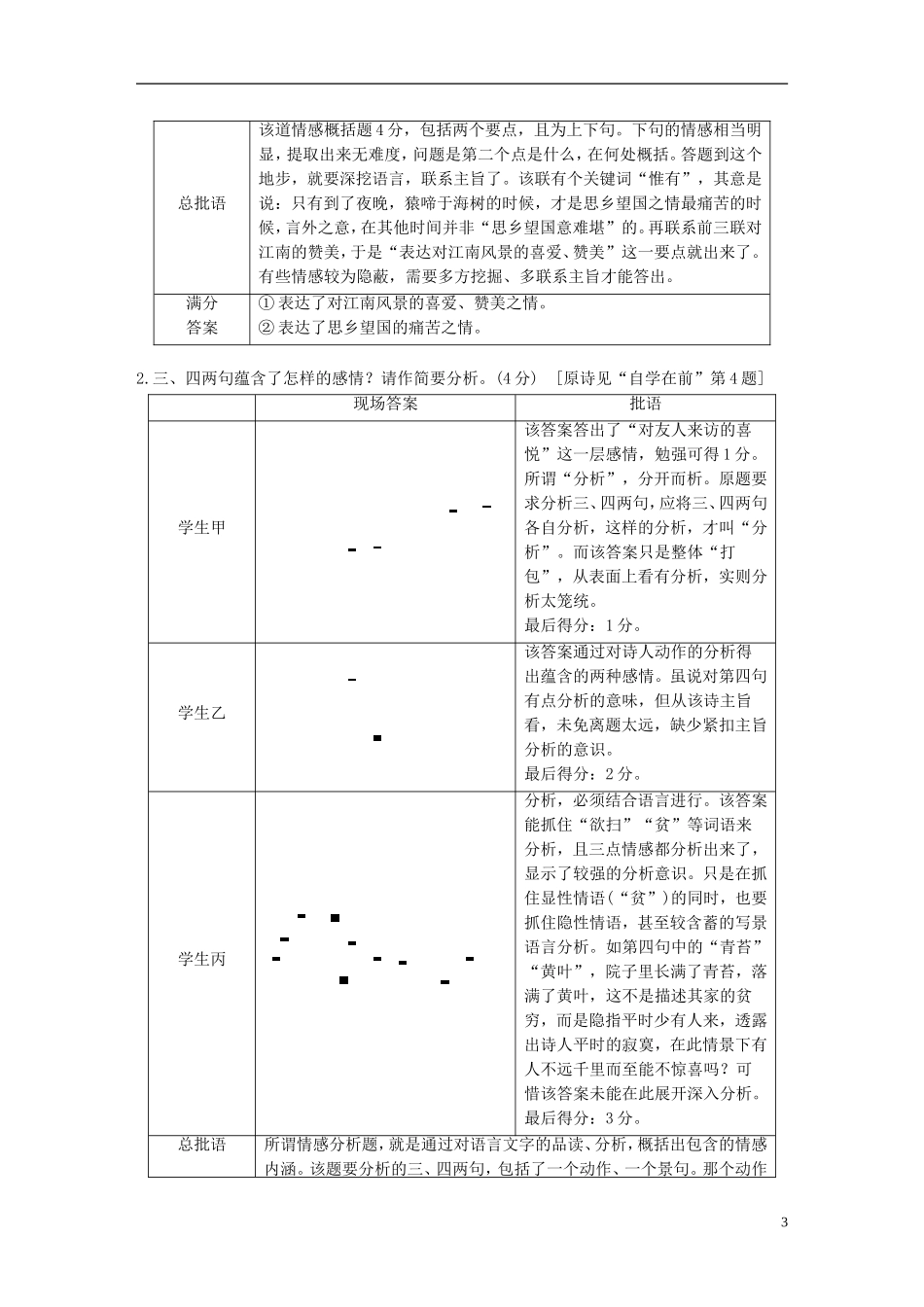 （全国通用）高考语文二轮复习 第三章 古诗鉴赏-读懂为要赏析为妙 学案6 准确定“调”，对“调”分析-把握思想感情题之要诀-人教版高三全册语文学案_第3页