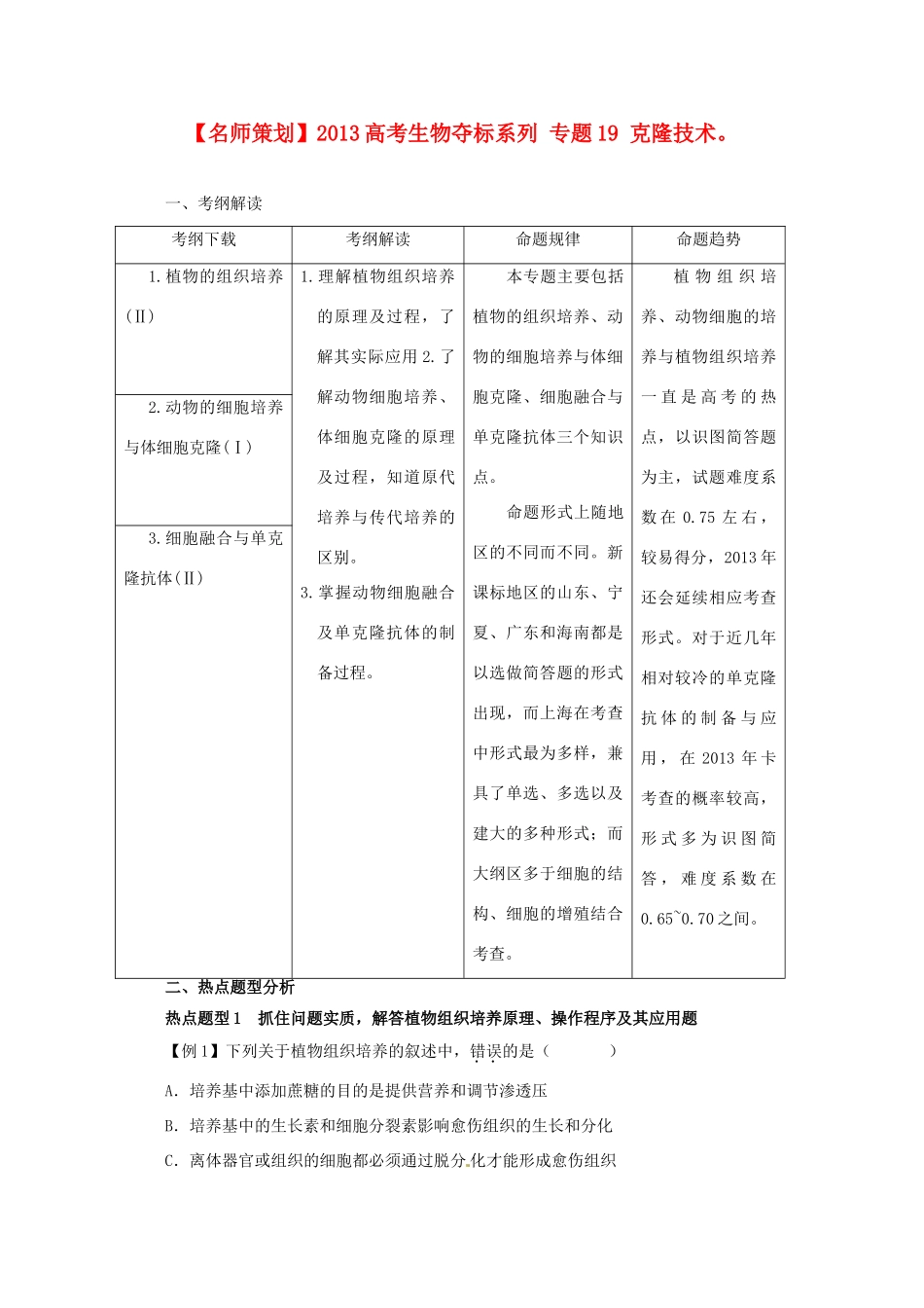 （名师策划）2013届高三生物 夺标系列（考纲解读+题型攻略+解题技巧）专题19 克隆技术（含解析）_第1页