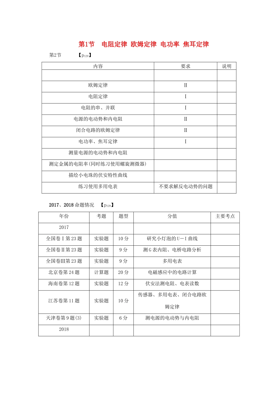 （名师导学）高考物理总复习 第八章 第1节 电阻定律 欧姆定律 电功率 焦耳定律教学案 新人教版-新人教版高三全册物理教学案_第1页