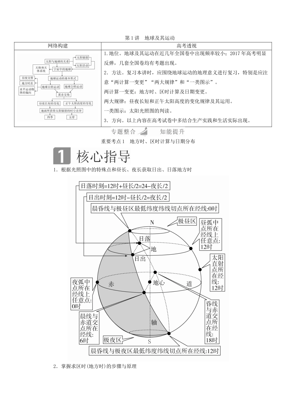 （全国通用）高考地理二轮复习 第一篇 专题与热点 专题一 自然地理事物的特征、规律、原理 第1讲 地球及其运动教学案-人教版高三全册地理教学案_第1页